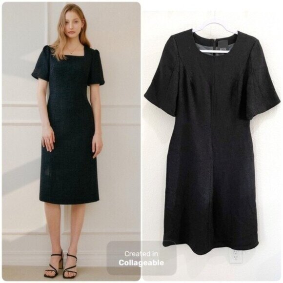 BEVZA Black Feminine Designer Sheath Mini Dress Textured Chic Silk Wool Blend - Picture 1 of 13